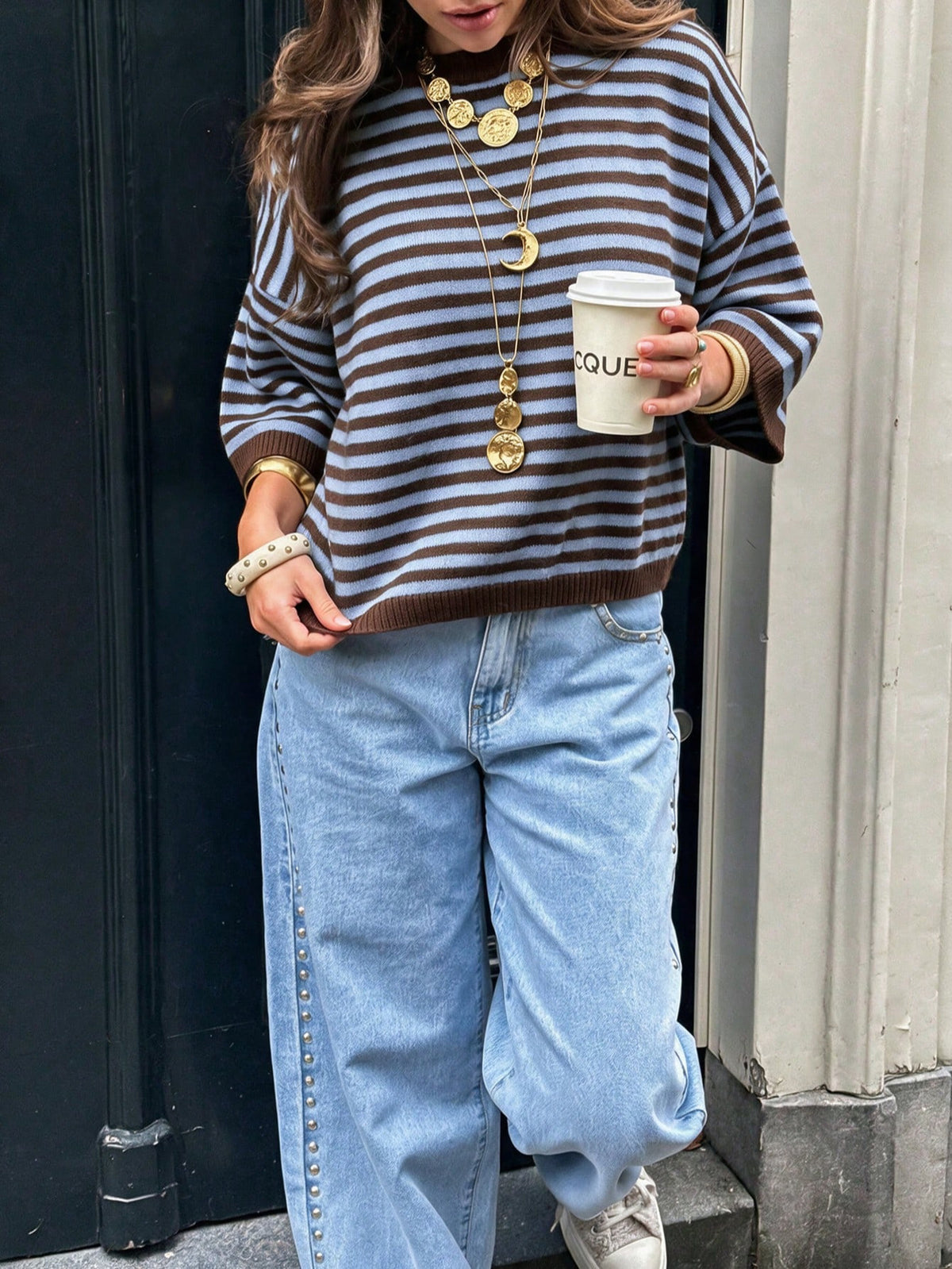 Striped Elbow Sleeve Boxy Knit Sweater - Blue - 2