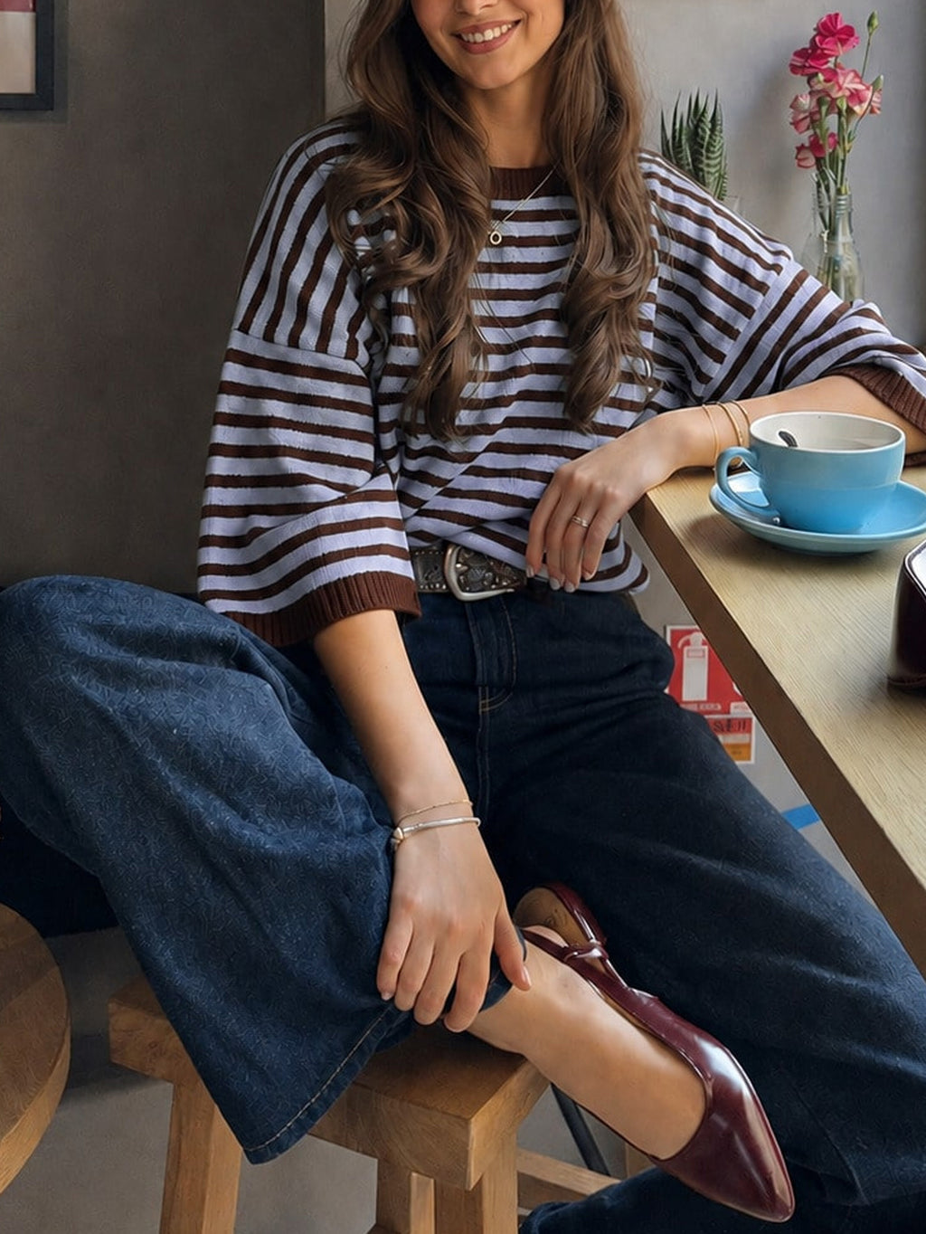 Striped Elbow Sleeve Boxy Knit Sweater - Blue - 3