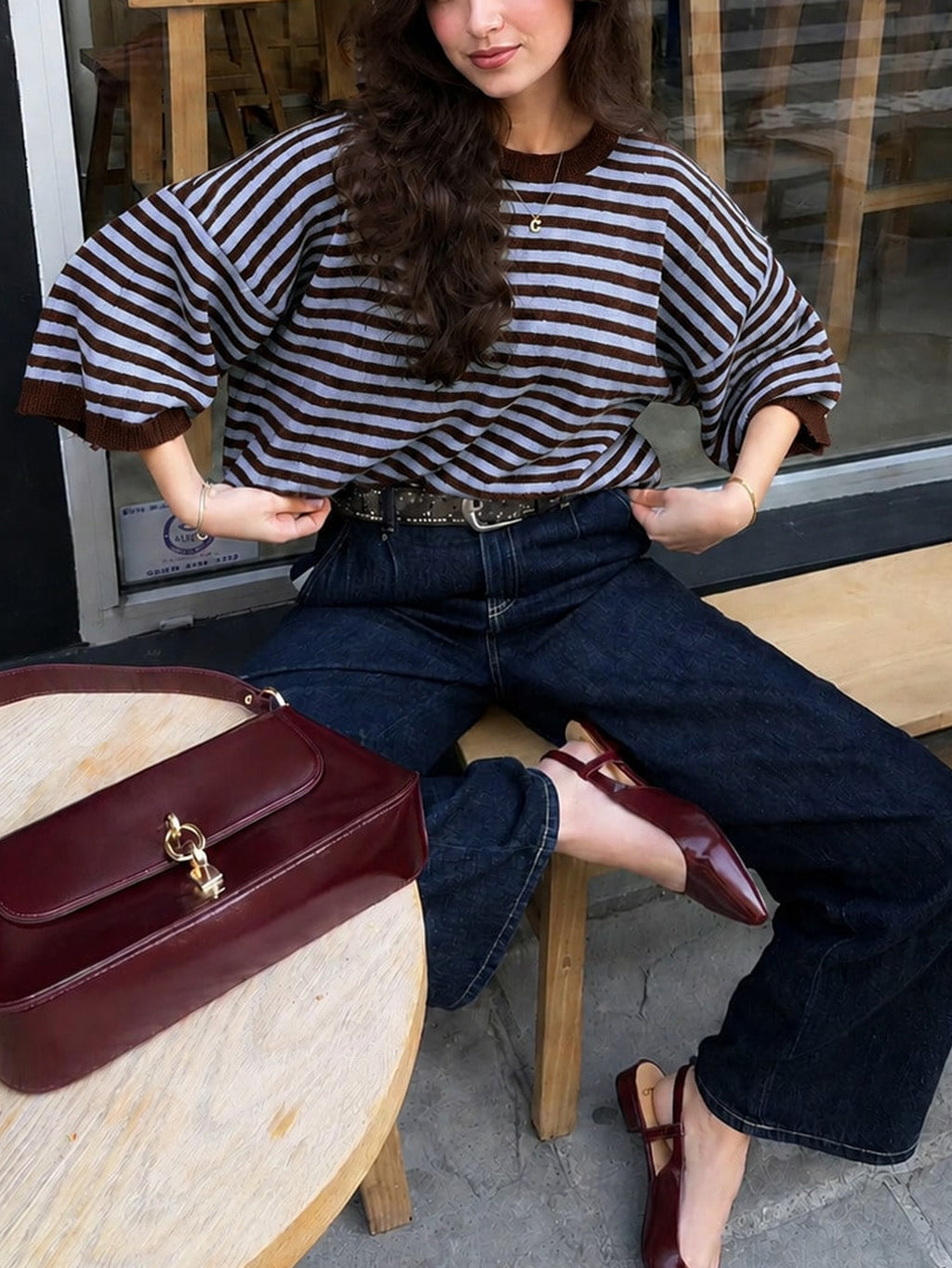 Striped Elbow Sleeve Boxy Knit Sweater - Blue - 4