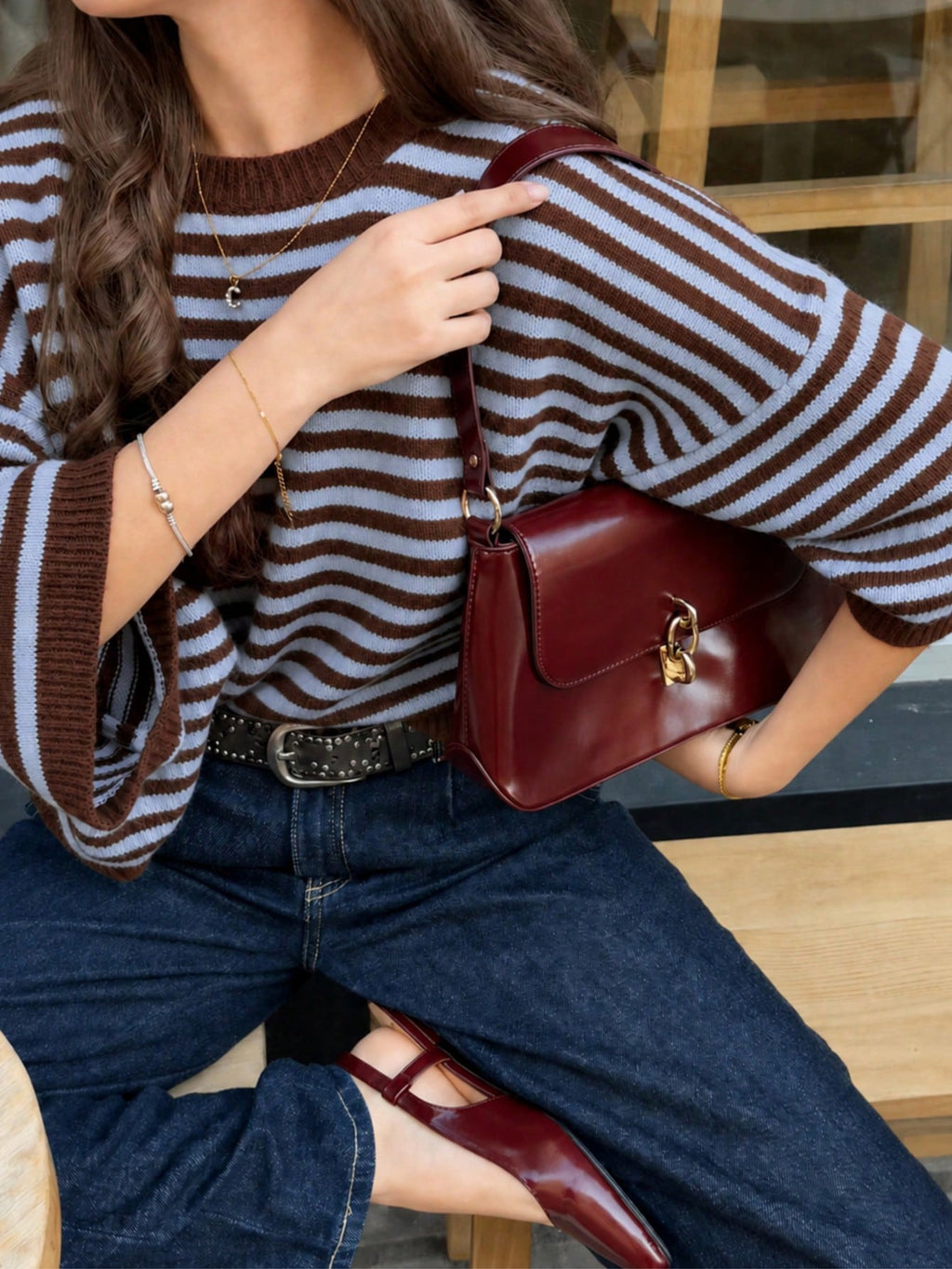 Striped Elbow Sleeve Boxy Knit Sweater - Blue - 5