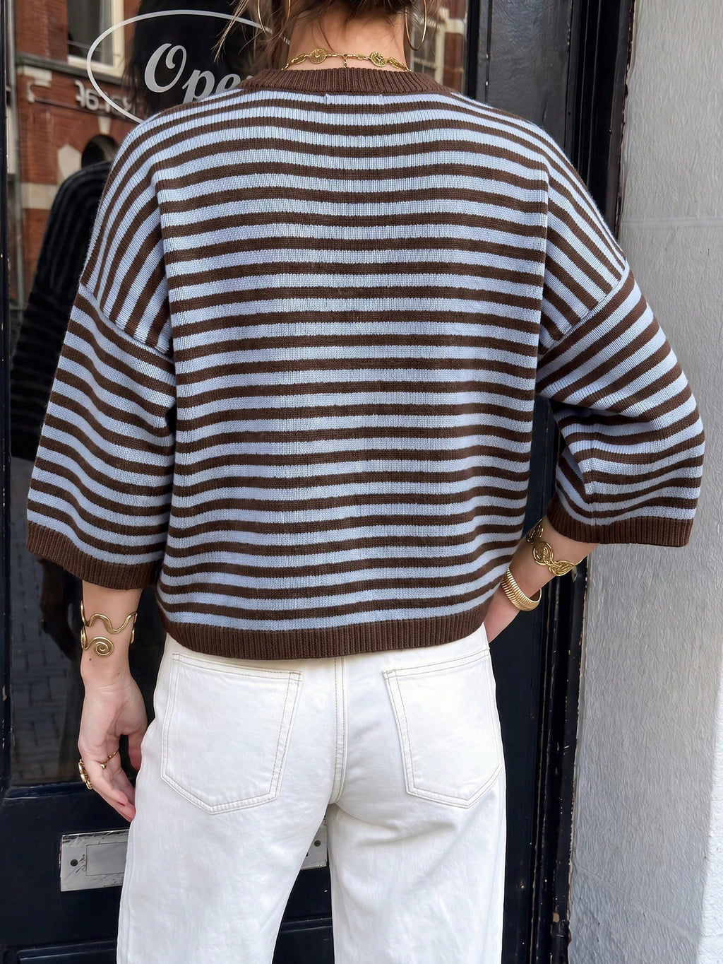 Striped Elbow Sleeve Boxy Knit Sweater - Blue - 6