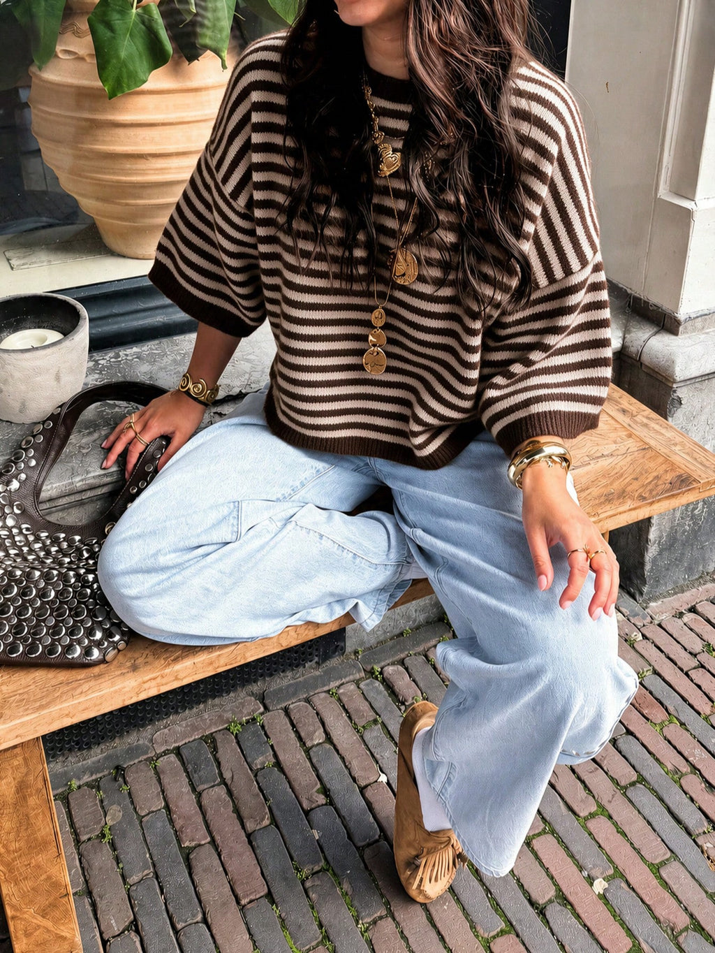 Striped Elbow Sleeve Boxy Knit Sweater - Coffee