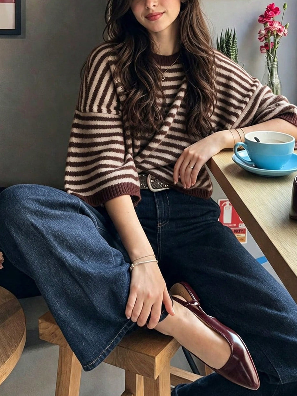Striped Elbow Sleeve Boxy Knit Sweater - Coffee - 1