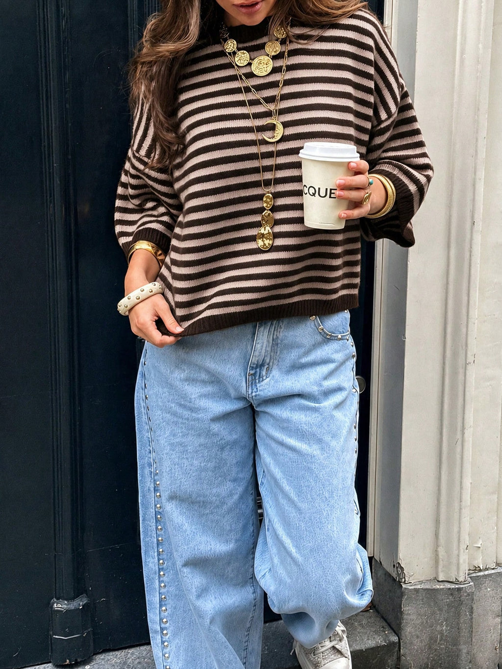 Striped Elbow Sleeve Boxy Knit Sweater - Coffee - 2