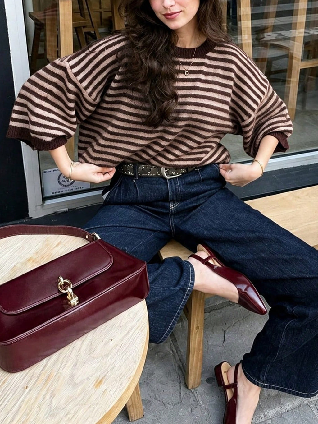 Striped Elbow Sleeve Boxy Knit Sweater - Coffee - 3