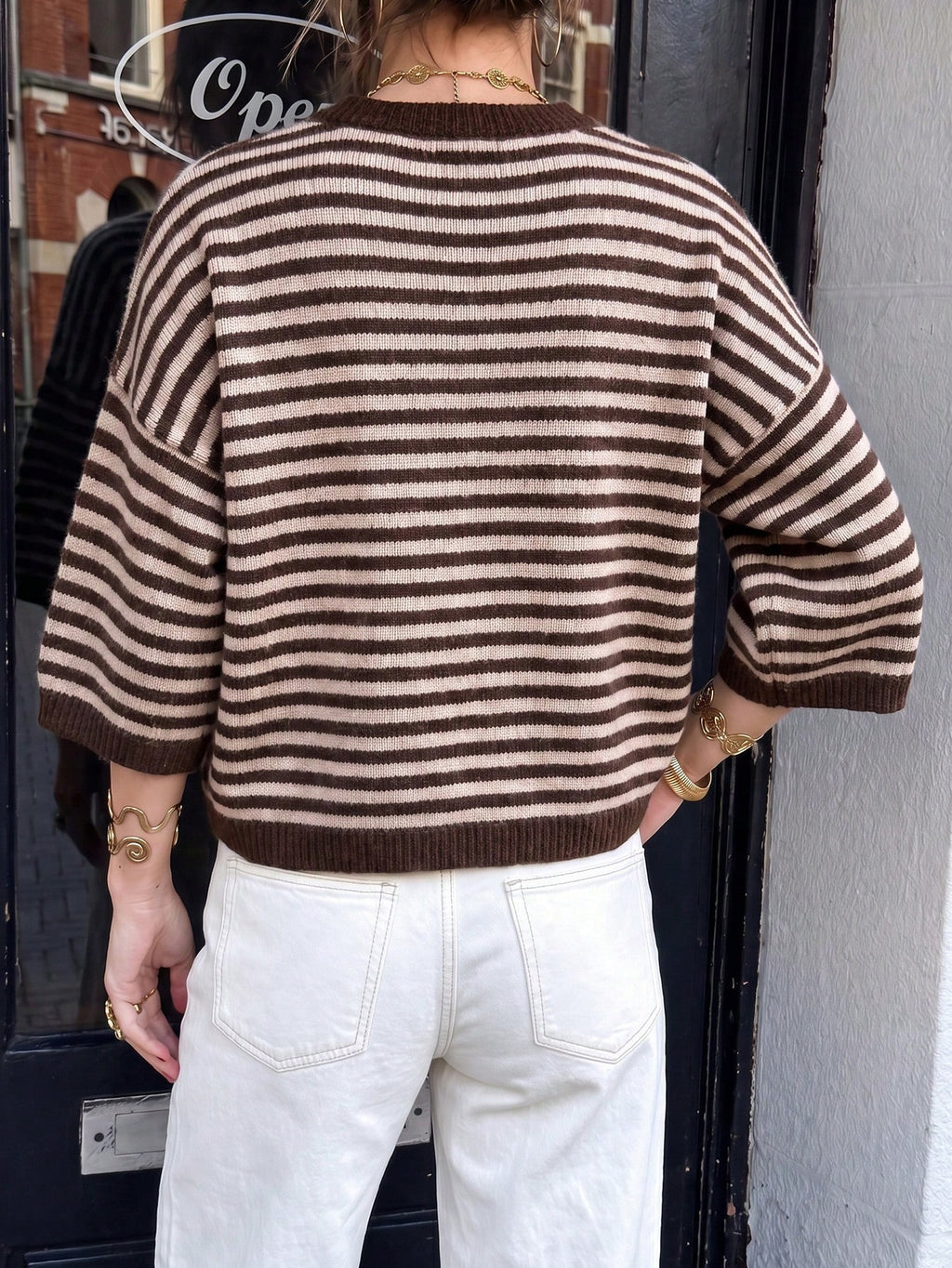 Striped Elbow Sleeve Boxy Knit Sweater - Coffee - 4