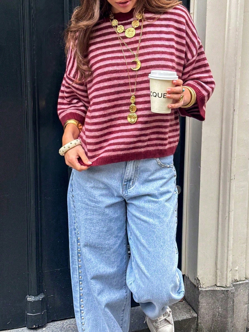 Striped Elbow Sleeve Boxy Knit Sweater - Red - 1