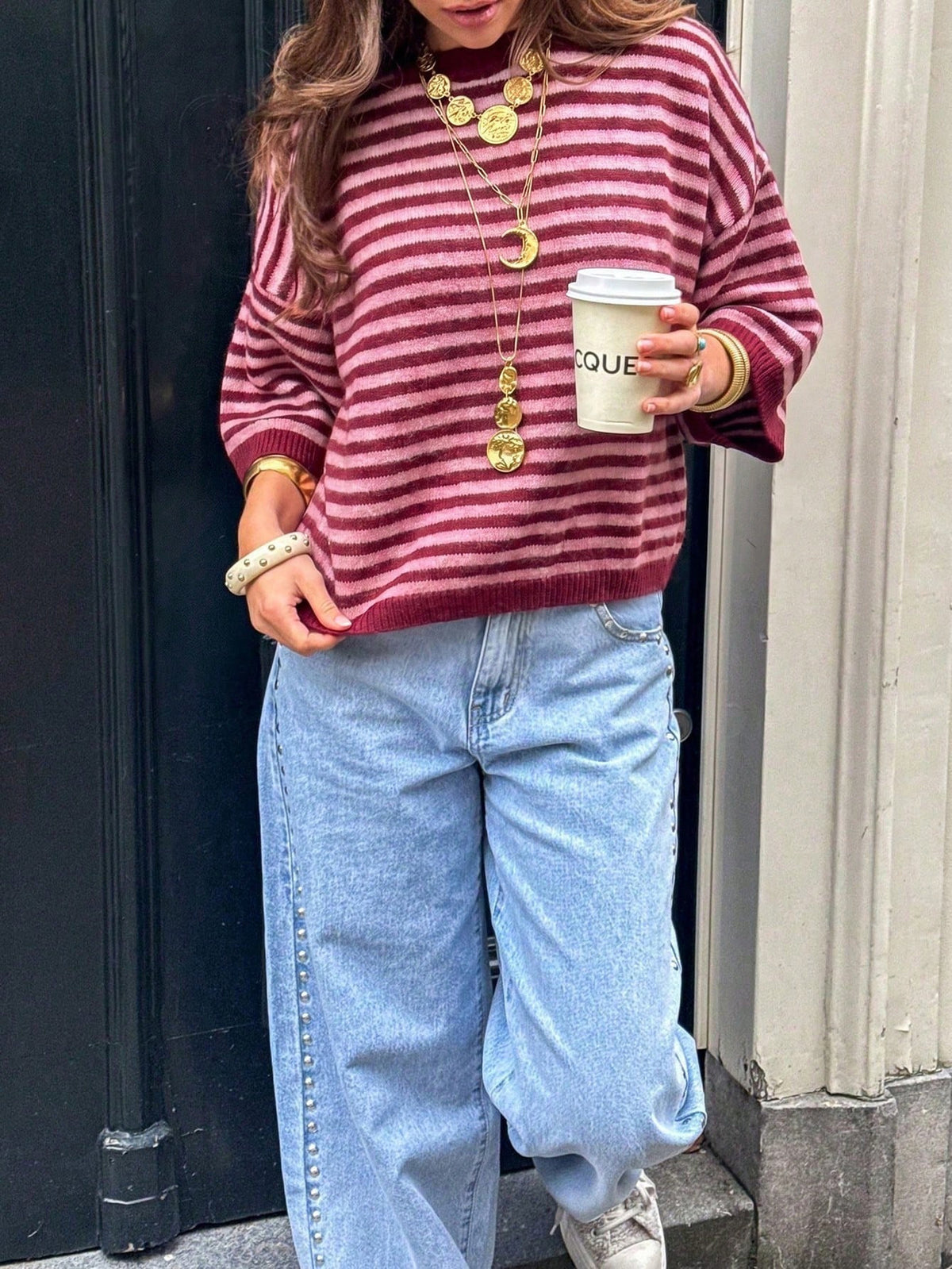 Striped Elbow Sleeve Boxy Knit Sweater - Red - 1