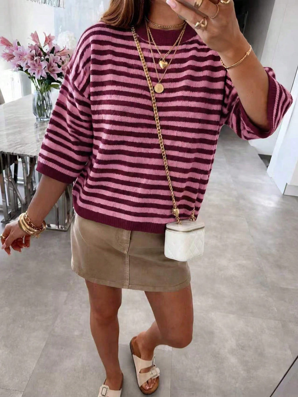 Striped Elbow Sleeve Boxy Knit Sweater - Red - 2