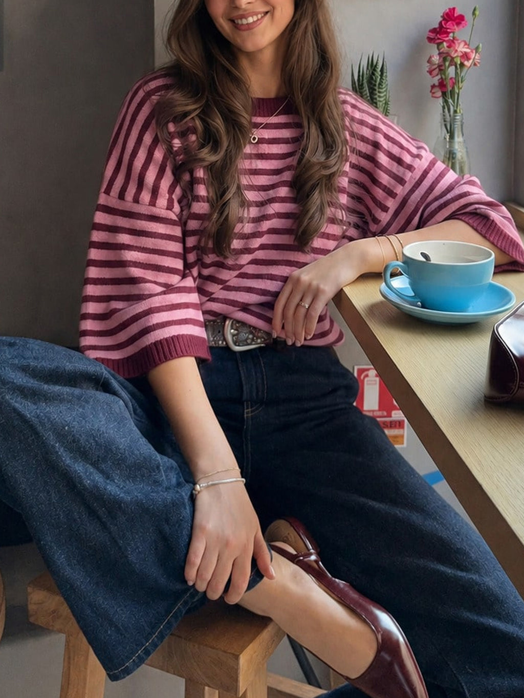 Striped Elbow Sleeve Boxy Knit Sweater - Red - 3