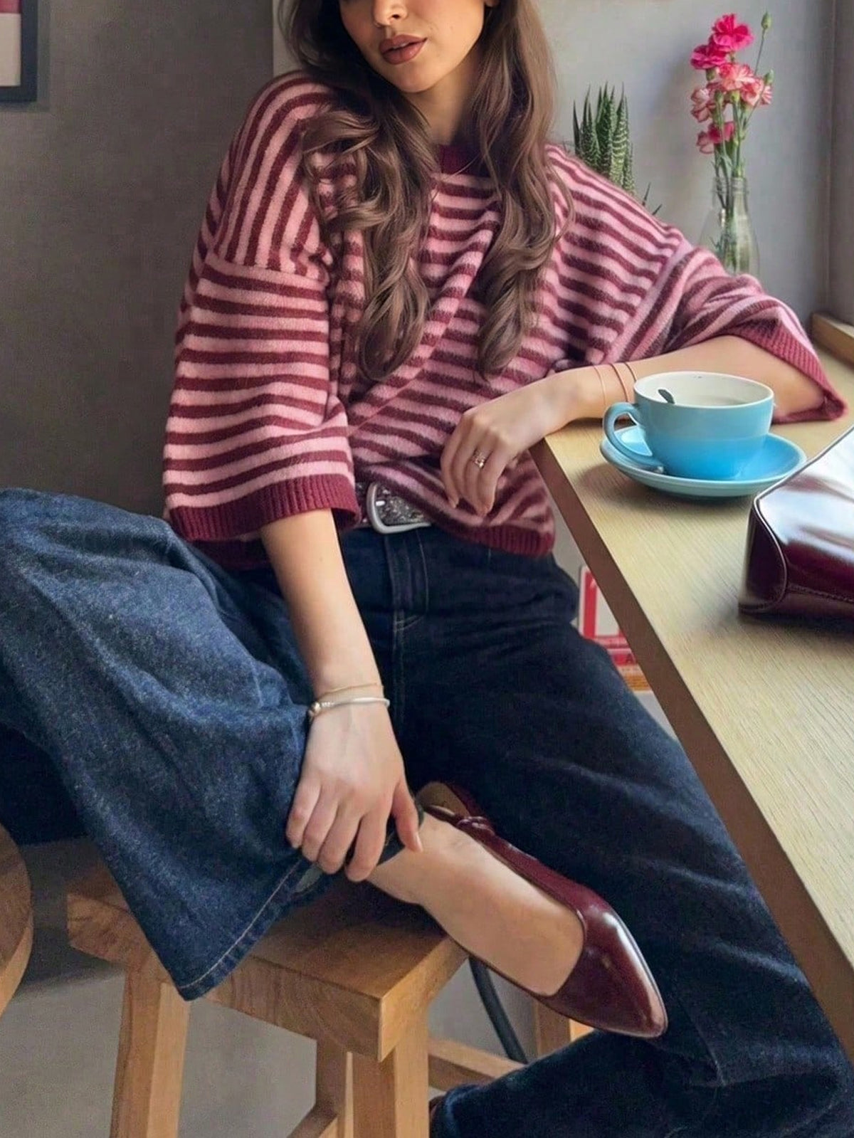 Striped Elbow Sleeve Boxy Knit Sweater - Red - 4