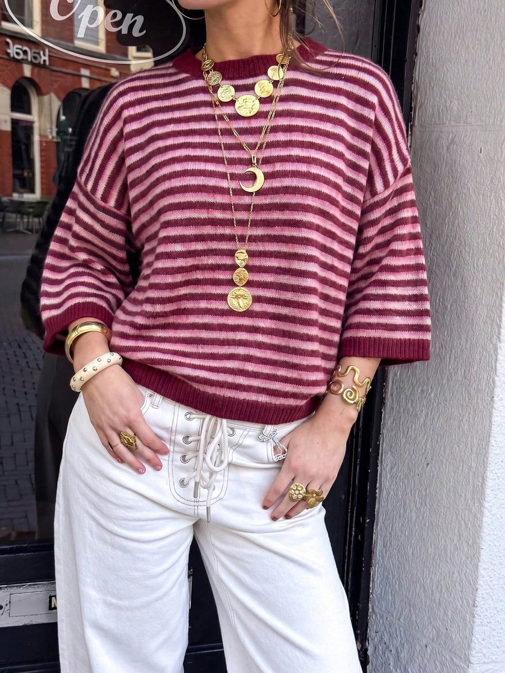 Striped Elbow Sleeve Boxy Knit Sweater - Red - 5