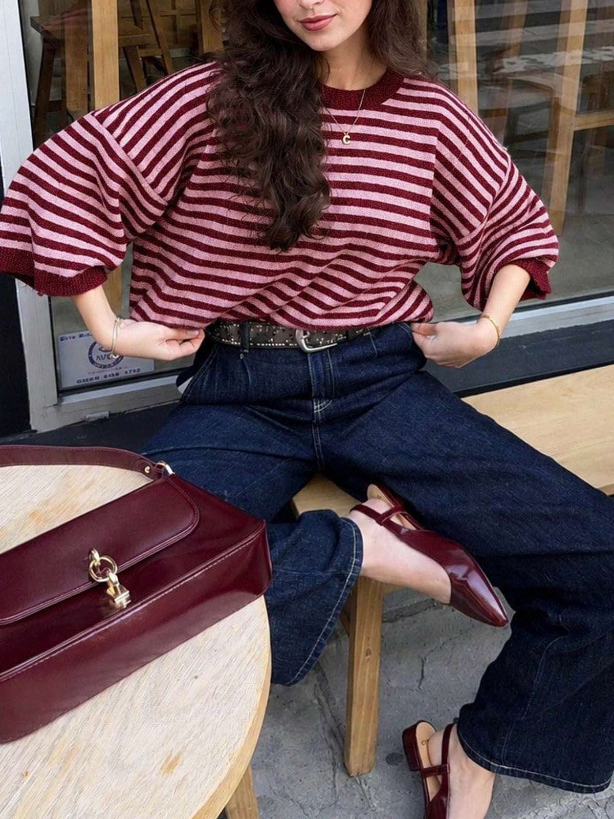 Striped Elbow Sleeve Boxy Knit Sweater - Red - 6