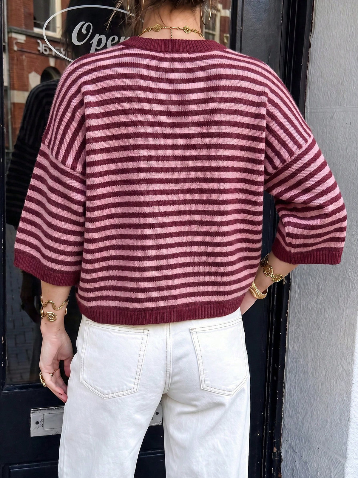 Striped Elbow Sleeve Boxy Knit Sweater - Red - 7