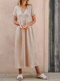 Button Front V Neck Short Sleeve Maxi Dress - Apricot