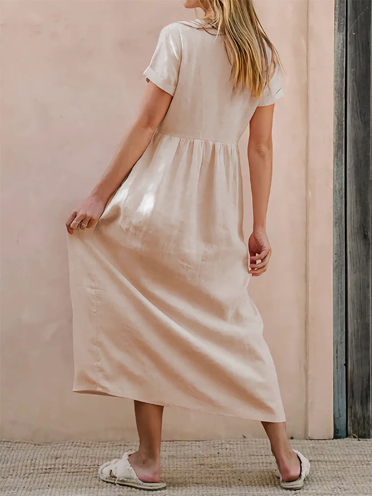 Button Front V Neck Short Sleeve Maxi Dress - Apricot - 1