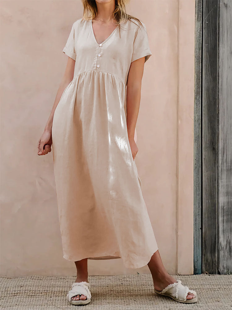 Button Front V Neck Short Sleeve Maxi Dress - Apricot - 2