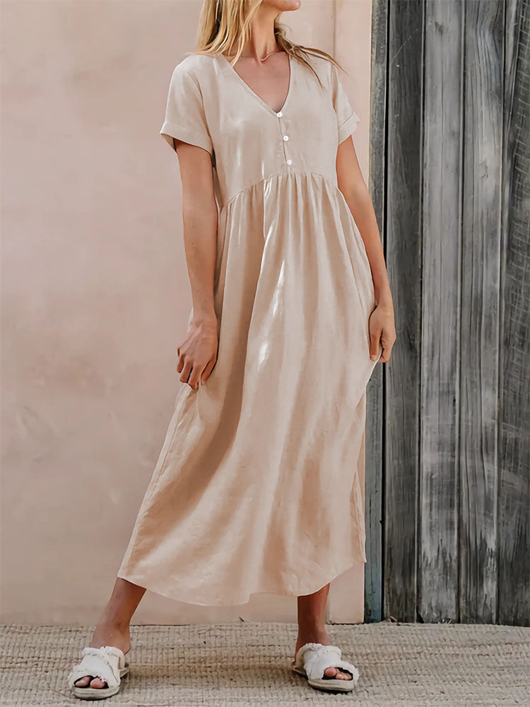 Button Front V Neck Short Sleeve Maxi Dress - Apricot - 3