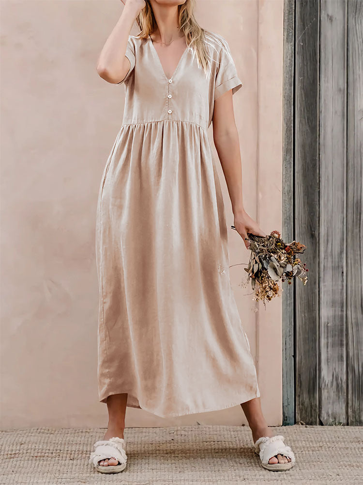 Button Front V Neck Short Sleeve Maxi Dress