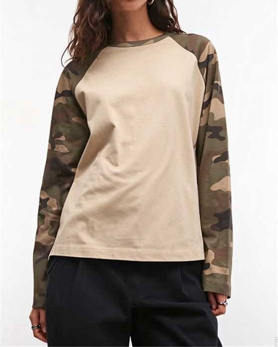 Camo Print Raglan Long Sleeve Boxy Tee - Khaki