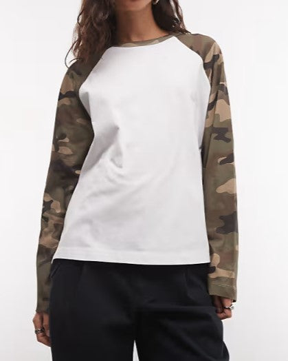 Camo Print Raglan Long Sleeve Boxy Tee - White