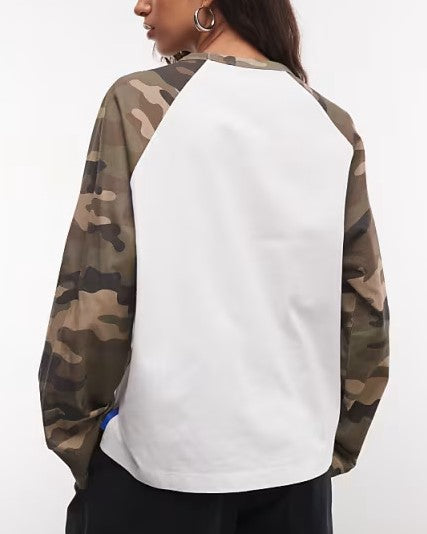 Camo Print Raglan Long Sleeve Boxy Tee - White - 1