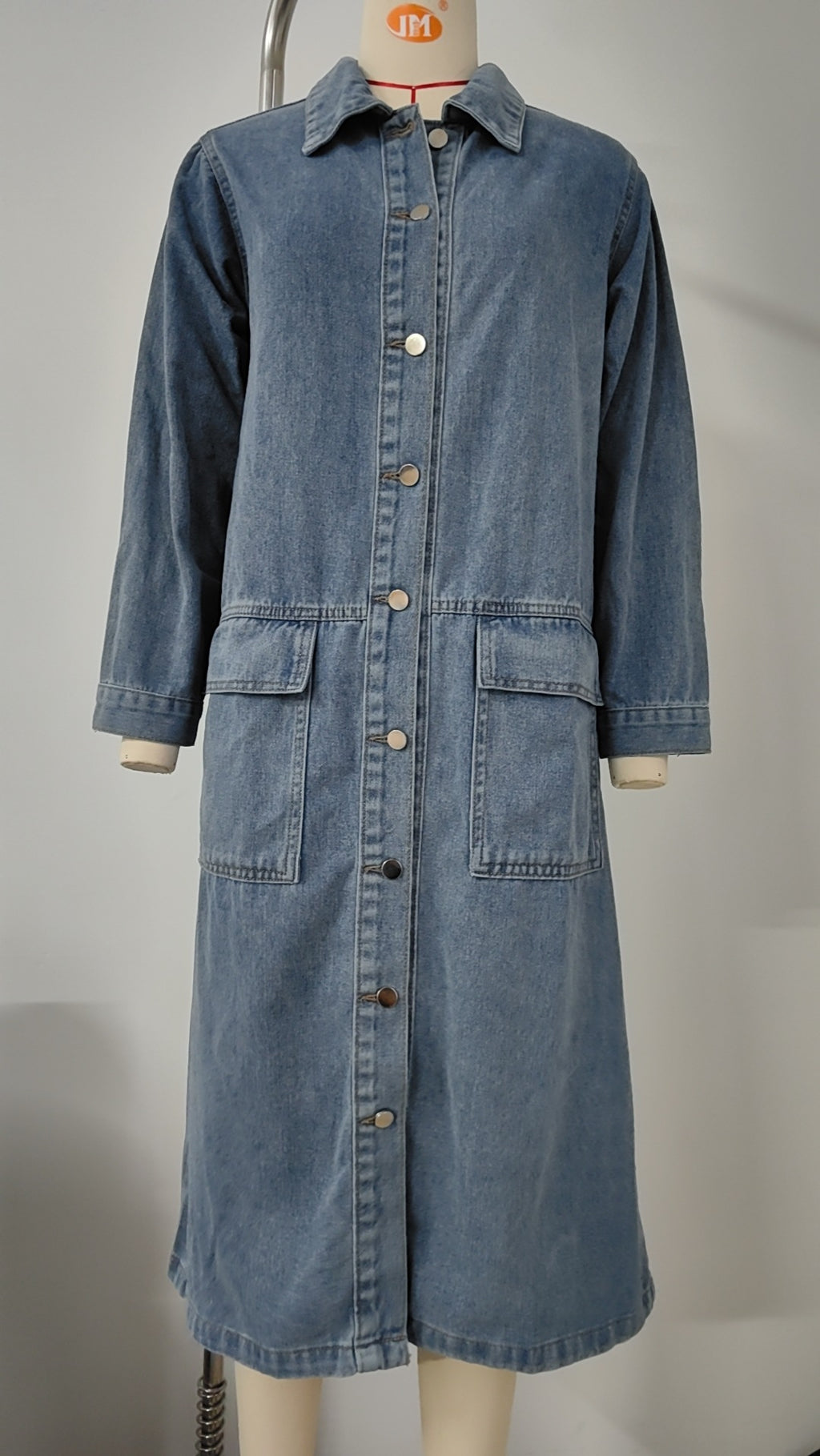 Button Front Longline Denim Coat - Blue - 2