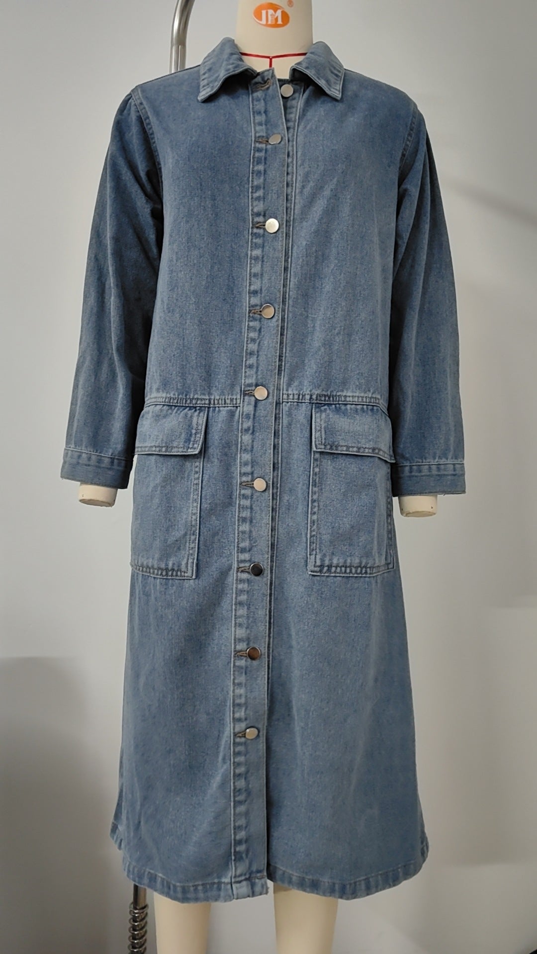 Button Front Longline Denim Coat - Blue - 2