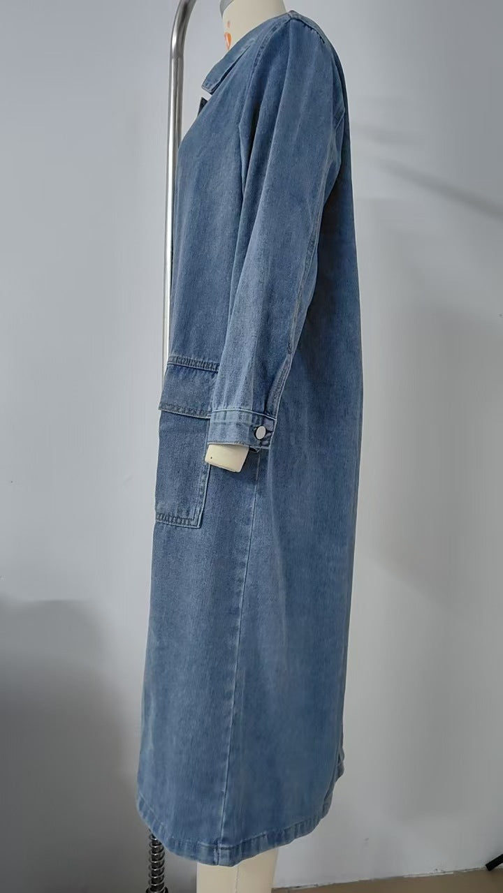 Button Front Longline Denim Coat - Blue - 3