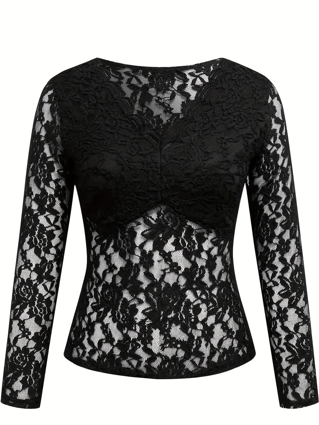 Scalloped V Neck Sheer Lace Top - Black