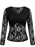 Scalloped V Neck Sheer Lace Top - Black