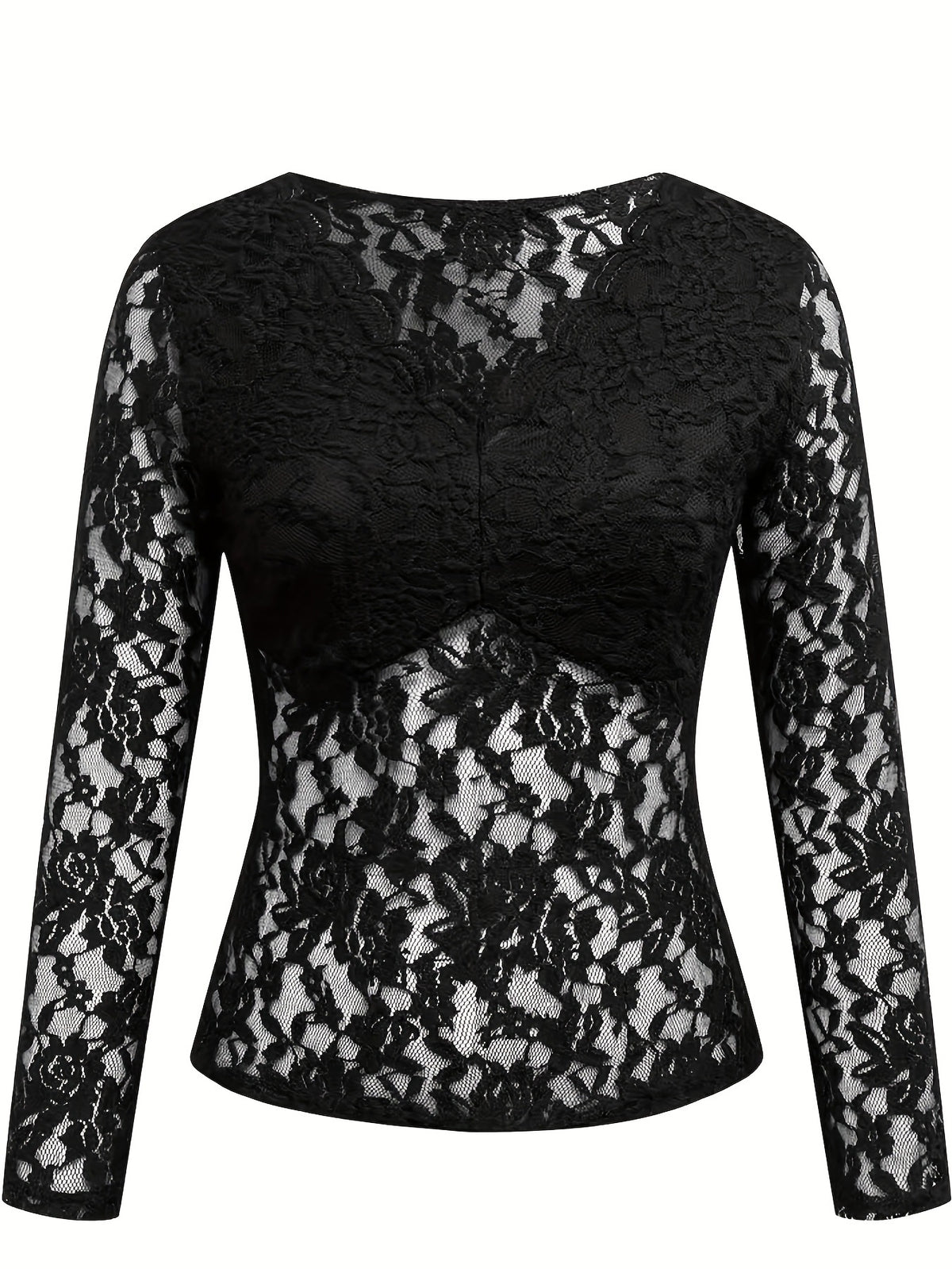 Scalloped V Neck Sheer Lace Top - Black