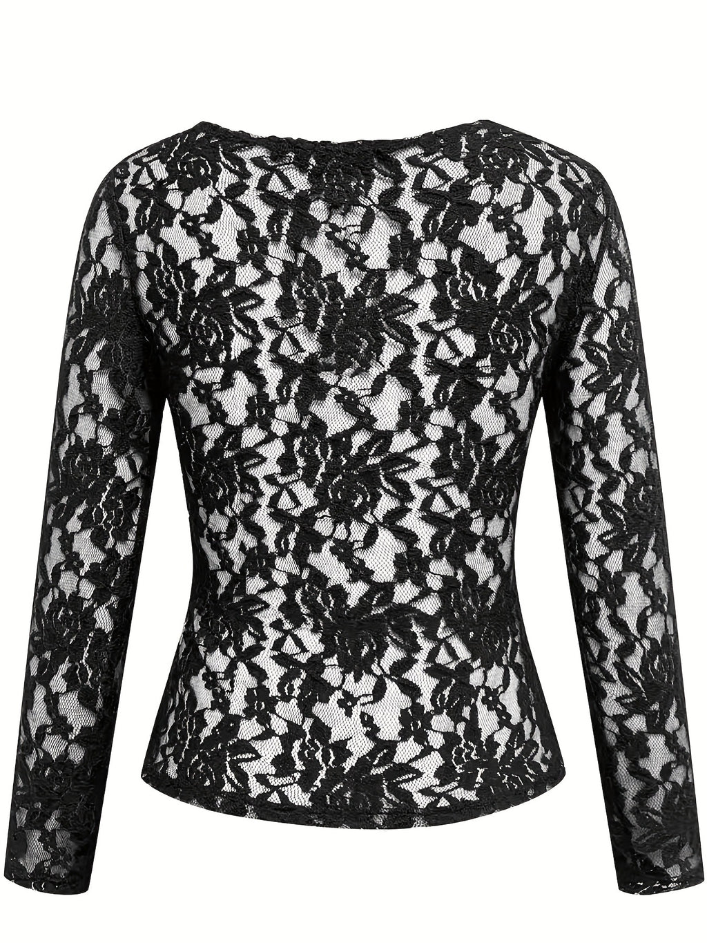 Scalloped V Neck Sheer Lace Top - Black - 1