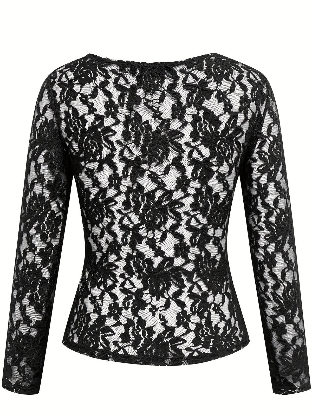Scalloped V Neck Sheer Lace Top - Black - 1