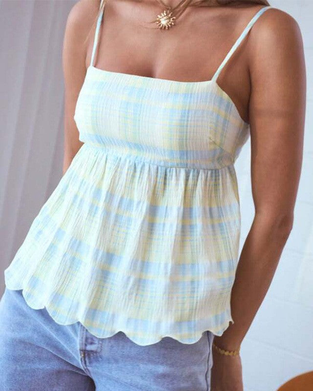 Scalloped Plaid Babydoll Tank Top - Decor