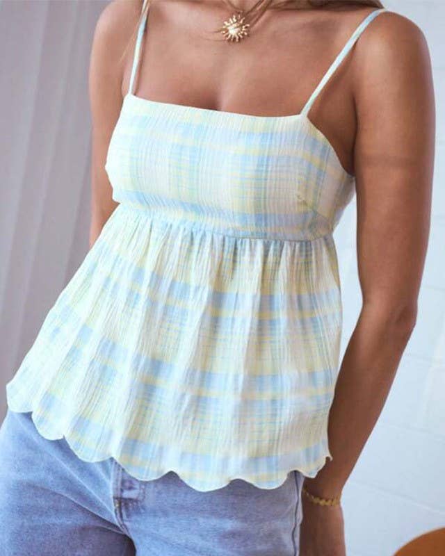 Scalloped Plaid Babydoll Tank Top