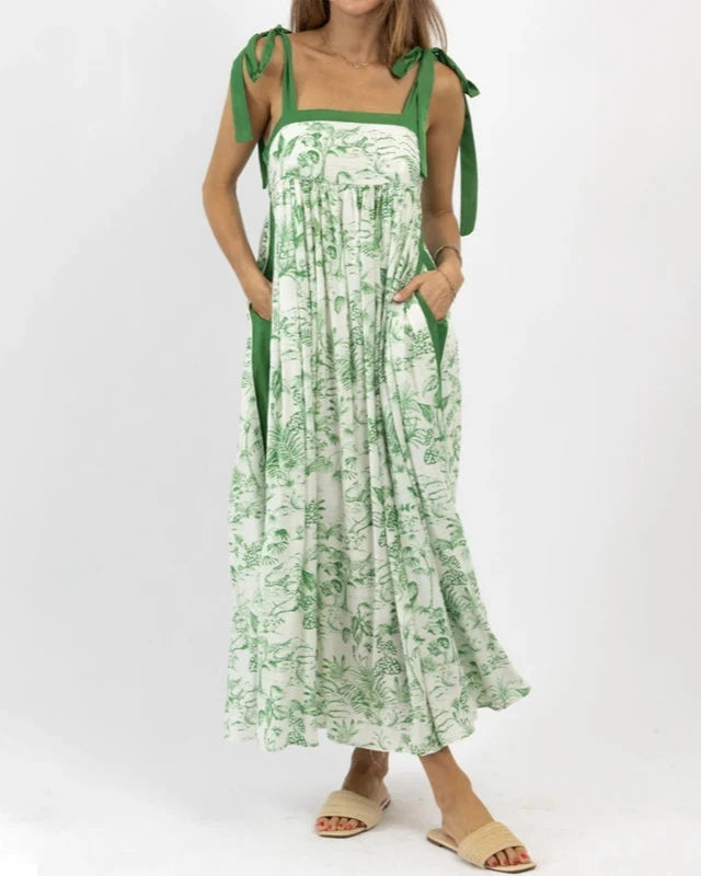Tie Strap Floral Maxi Dress - green