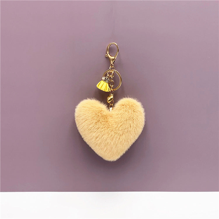 Fluffy Heart Pom Pom Bag Charm Keychain - Beige