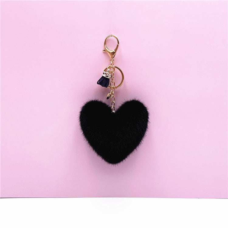Fluffy Heart Pom Pom Bag Charm Keychain - Black
