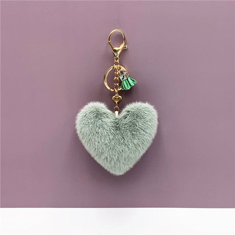 Fluffy Heart Pom Pom Bag Charm Keychain - Green