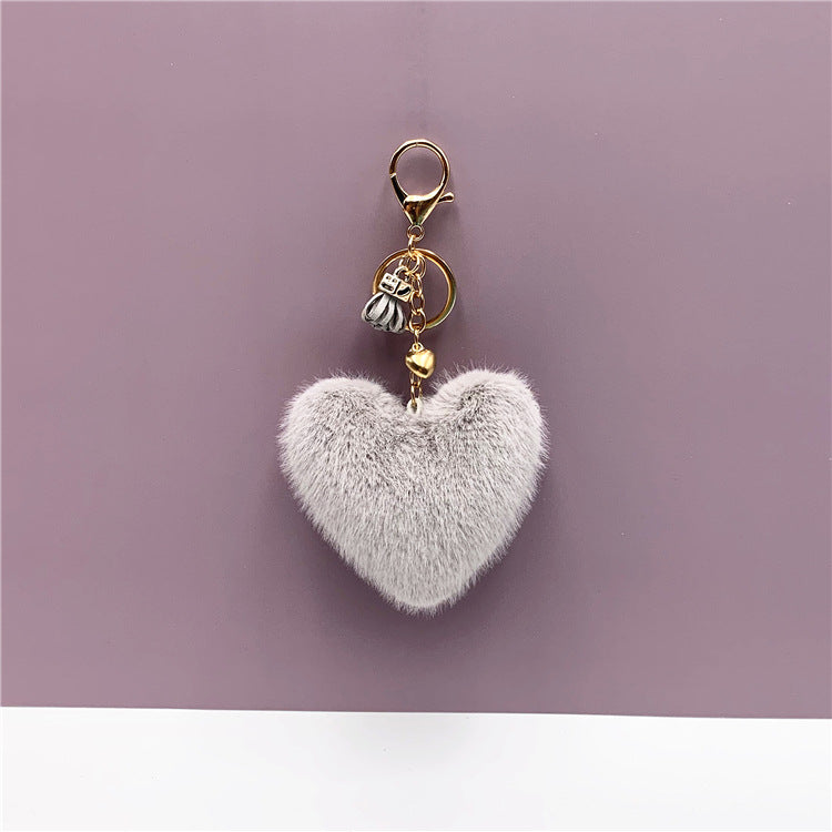 Fluffy Heart Pom Pom Bag Charm Keychain - Grey