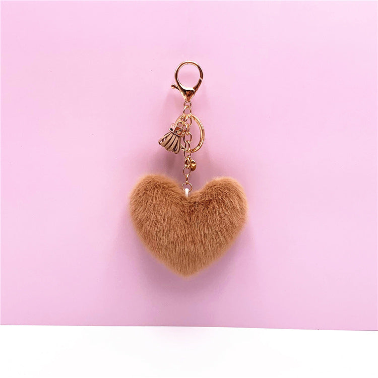 Fluffy Heart Pom Pom Bag Charm Keychain - Khaki