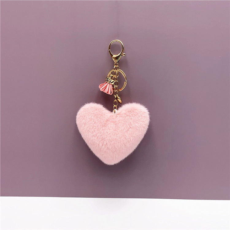Fluffy Heart Pom Pom Bag Charm Keychain - Pink