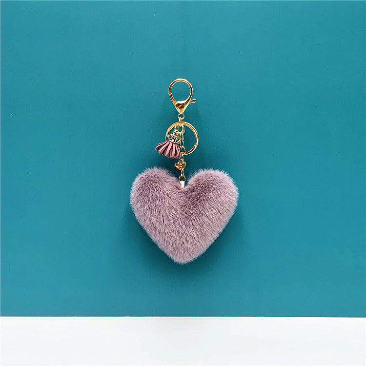 Fluffy Heart Pom Pom Bag Charm Keychain - Purple