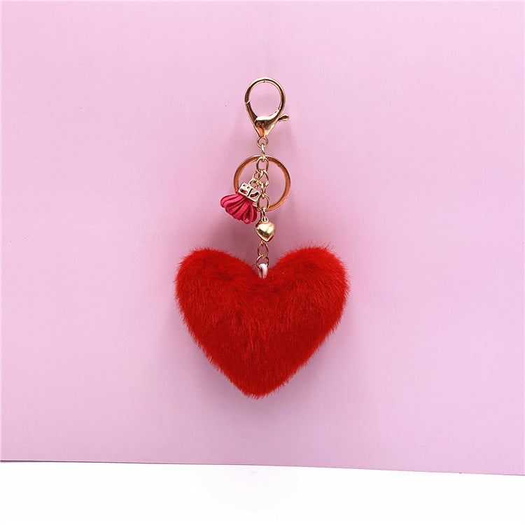 Fluffy Heart Pom Pom Bag Charm Keychain - Red