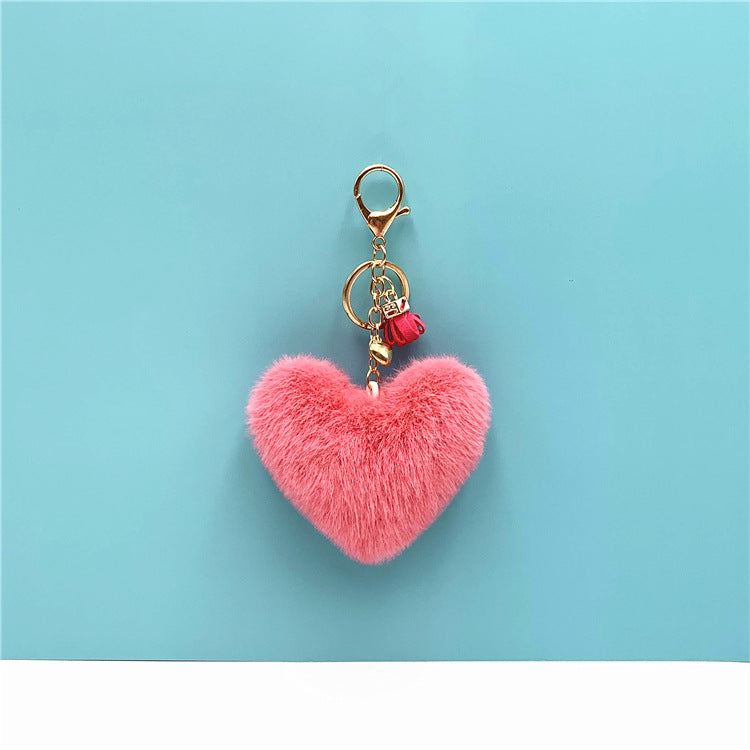 Fluffy Heart Pom Pom Bag Charm Keychain - Rosered