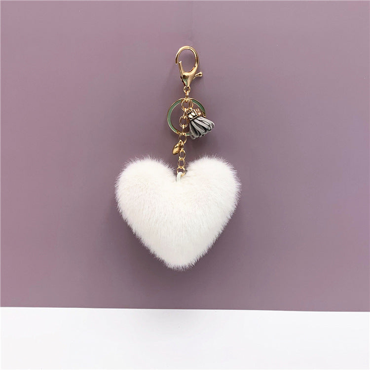 Fluffy Heart Pom Pom Bag Charm Keychain - White