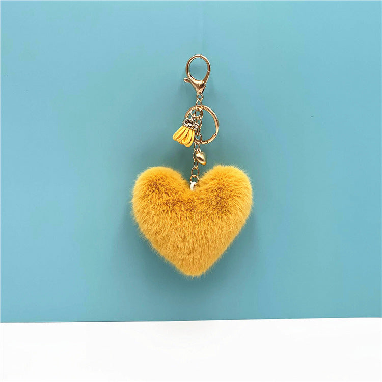 Fluffy Heart Pom Pom Bag Charm Keychain - Yellow