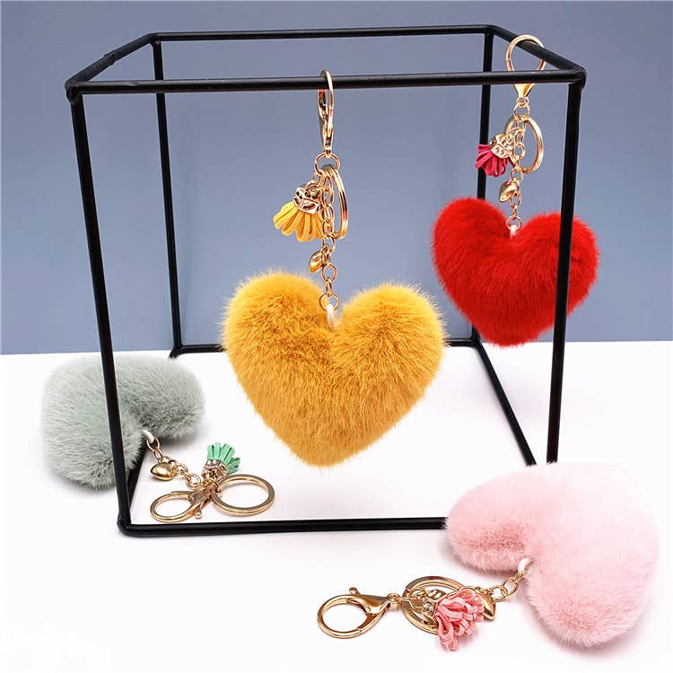 Fluffy Heart Pom Pom Bag Charm Keychain
