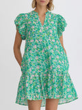 Ditsy Floral V Neck Tiered Mini Dress - Green